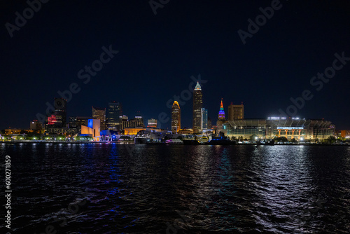 Cleveland Downtown from Lake Erie during night with illuminated skyline. 