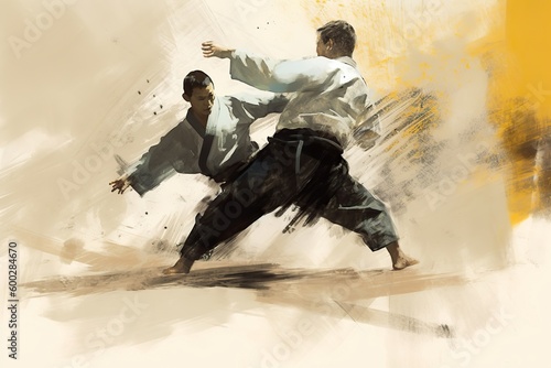 Illustration of An Aikido fight between two students, Generative AI