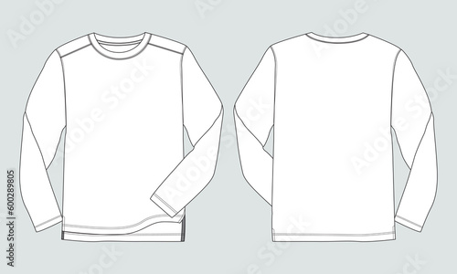 Long sleeve t shirt Technical drawing fashion flat sketch vector illustration template front and back views isolated on grey background