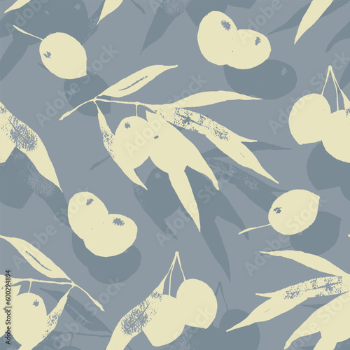 Olive silhouettes botanical seamless patten on grey background