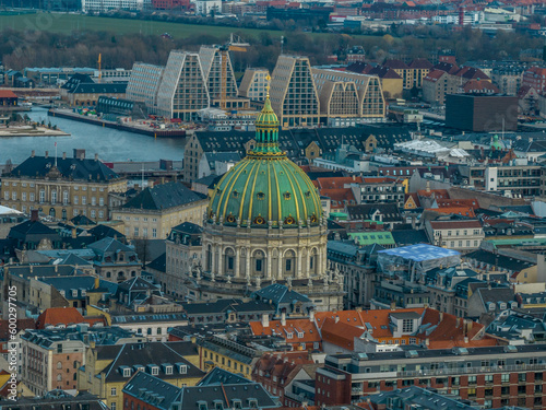 Aerial close up view of Copenhagen Frederik church with green and gold dome