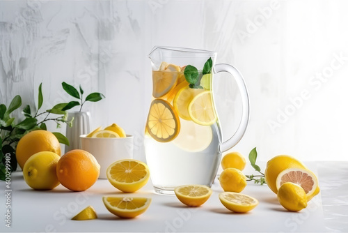 Full jug of pure water with lemon slices and mint on white kitchen background. Ai generated.