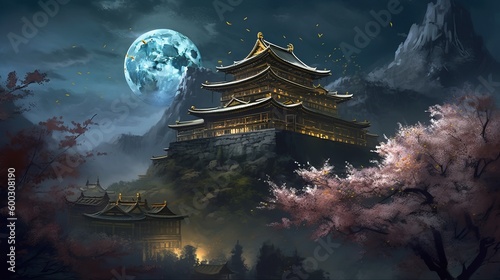 beautiful tibet night scene wallpaper background, in the style of gothic illustration, religious building, cherry blossoms, view of chinese temple, view of the temple of heaven