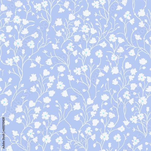 Spring floral pattern of white flowers and stems on a pale purple background.