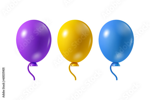 Air ballons vector 3d icons set. Purple, yellow and blue simple birthday design, isolated on white background