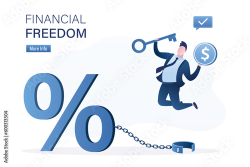 Financial freedom concept. Borrower opened shackles with key and freed himself from chain. Exemption from business problems, loans. Forced bankruptcy. Overcoming financial obstacles.