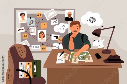 Private detective works. Inspector collects evidence and makes logical chains. Police office. Man sitting at table. Investigation board. Thoughtful policeman. Garish vector concept