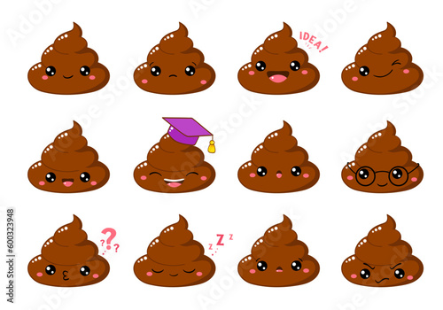 Collection of Cute funny poop with different mood. Set of cartoon poo emoji faces in different expressions - happy, sad, cry, fear, crazy. Vector illustration EPS8 