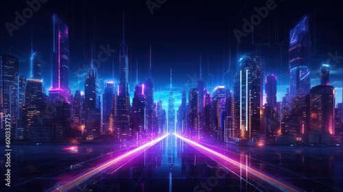 Neon mega city capital towers with futuristic technology background, future modern building virtual reality, night life style concept. Generative AI.