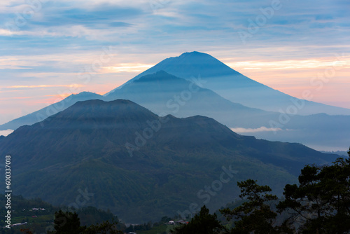 Mountain landscape on Bali, Indonesia. Volcanos Batur and Agung on sunrise