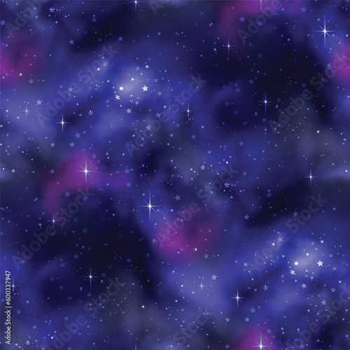 Endless Texture of Cosmic Universe with Cute Stars. Decorative Design for Prints, Fabrics, Wallpapers etc. Night Sky with Constellations, Nebulas etc. Seamless Pattern. Vector illustration
