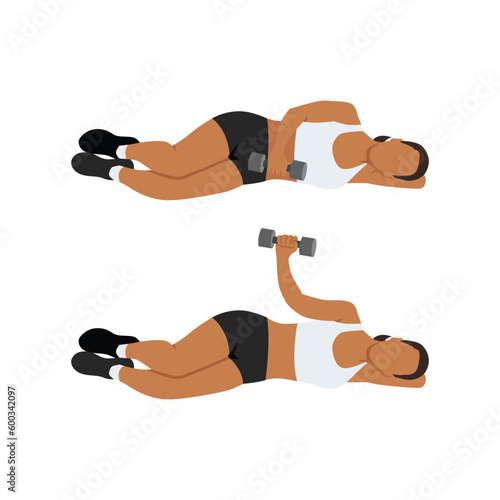 Woman doing laying dumbbell external shoulder rotation. Flat vector illustration isolated on white background
