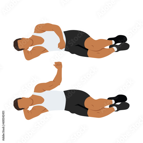 Man doing laying external shoulder rotation. Flat vector illustration isolated on white background