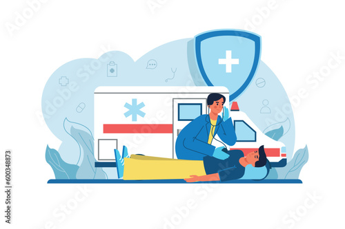 Medicine blue concept Ambulance with people scene in the flat cartoon style. An ambulance arrived on call to help the person. Vector illustration.