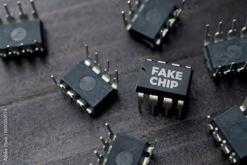 Fake chip concept: a bunch of integrated circuit on a wooden table