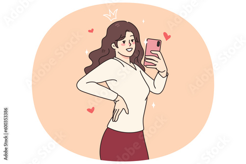 Happy millennial pretty girl male self-portrait picture of cellphone. Smiling young woman blogger or social media influencer take selfie on smartphone camera. Flat vector illustration.