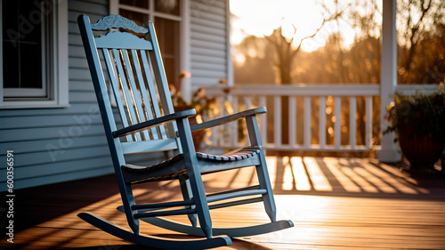 Empty rocking chair on a porch, soft and warm sunlight.