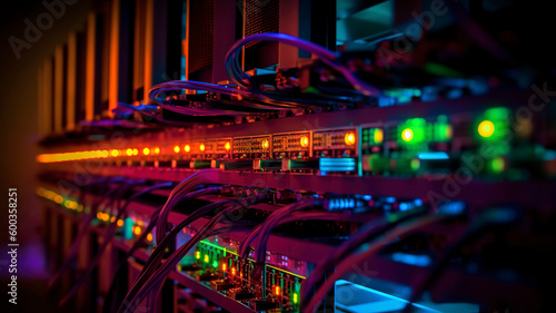 Row of network servers with glowing LED lights.