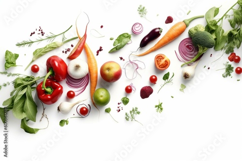 Fresh organic vegetables isolated on white background with white paper. Illustration. Generative AI