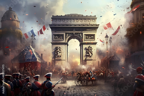 A painting of soldiers in front of a triumph. Bastille Day French National Day La Fte Nationale Generative AI
