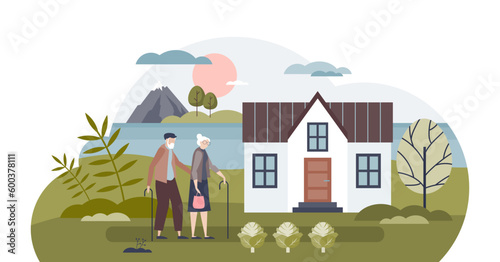 Retirement planning and pension age security with house tiny person concept, transparent background. Countryside home for elder couple illustration.