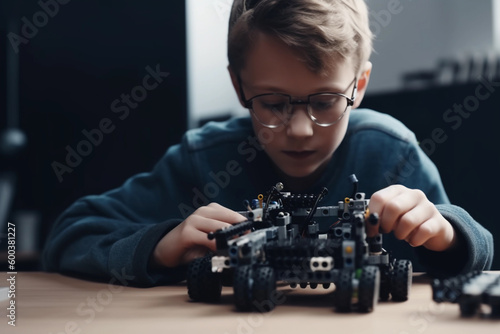 A boy plays with a blocks car AI generation