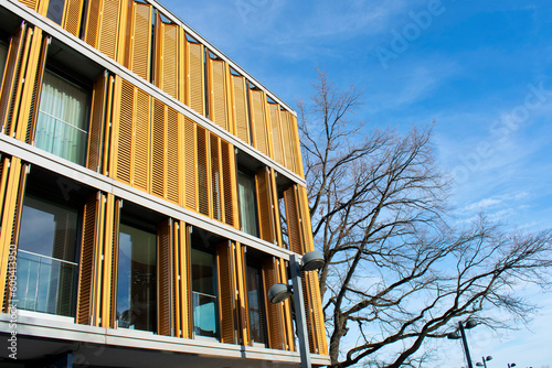 View of a modern building with yellow shutters on the windows against a background of blue sky and a tree without leaves. Modern architecture. Poland, Wroclaw, January 2023.