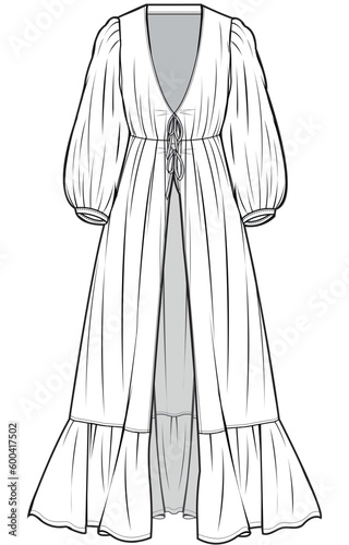 womens long puff sleeve v neck beach wrap dress flat sketch vector illustration long maxi dress technical cad drawing template