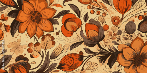 red and orange flowers pattern fabric in the style of light beige and orange, fauvist, 20th century, vintage aesthetics, embroidery, adaptive vector high quality improved generative ai #2