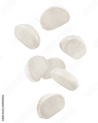 Falling Mozzarella cheese isolated on white background, full depth of field