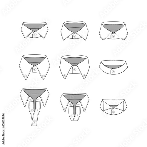Different types of collars for men's shirts. A set of neckbands and collars. A bunch of hand-drawn shirt's collar. Hand-drawn collar and shirt neck line vector drawings for clothes and fashion items.