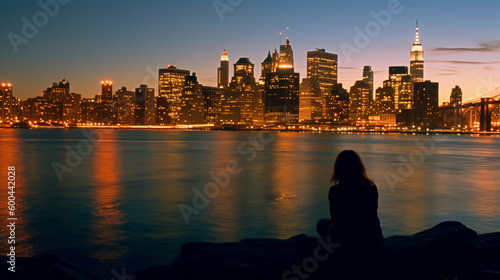 A vibrant New York City skyline during the golden hour. The panoramic view features modern skyscrapers reflecting blue, orange, and yellow hues on the water, Created with generative Ai Technology.