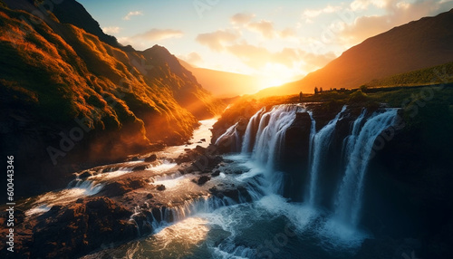 Beautiful sunset in the peacfull mountains with a magical waterfall and river