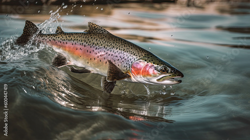 Fishing. Rainbow trout fish jumping with splashing in water Generative AI
