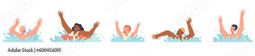Isolated set of different drowning people cartoon characters in swimwear splashing in water waves