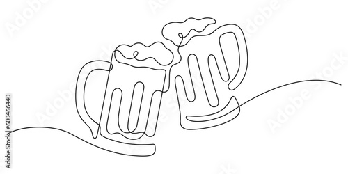 beer mug with froth clinking one line drawing vector illustration