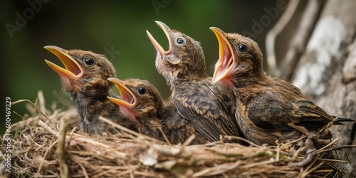 A nest of baby birds chirping for their mother to bring them food, concept of Parental care, created with Generative AI technology