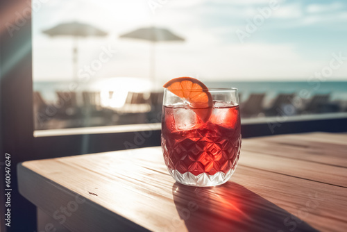 Refreshing Negroni Cocktail with gin, campari martini rosso and orange, cold drink or beverage with ice on wood table in front of blue sky on summer sea. 