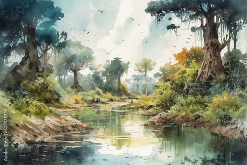 Anime-inspired watercolor painting of a magical bayou landscape. Generative AI