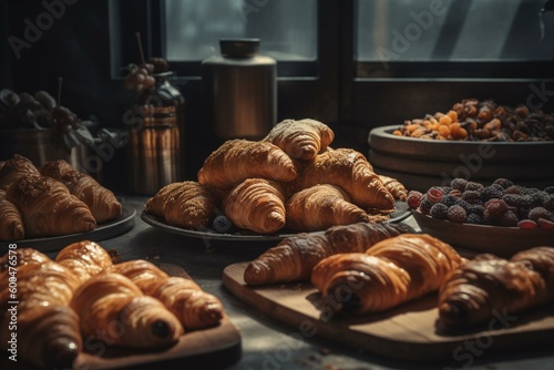 The aroma of baked goods fills the room with sweet pastries and fresh croissants. Delicious desserts abound. Generative AI