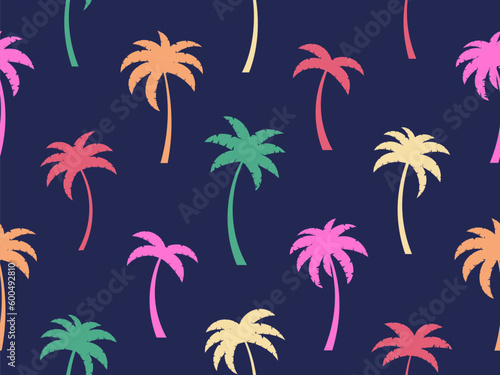 Colorful palm trees seamless pattern. Summer time, wallpaper with tropical palm trees pattern. Design for printing t-shirts, banners and promotional items. Vector illustration
