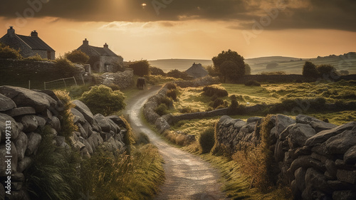 A rural scene with a stone wall and a field with a row of houses and a sunset in the background.