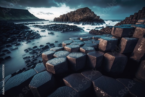 Giants causeway hexagon basalt rock on the sea. distinct generative AI image.