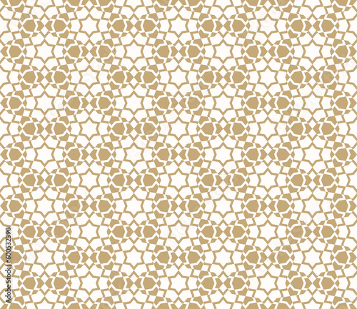 Golden vector abstract geometric seamless pattern. Traditional oriental ornament with stars, mesh, grid, floral silhouettes. Luxury gold and white background. Elegant ornamental repeated geo design