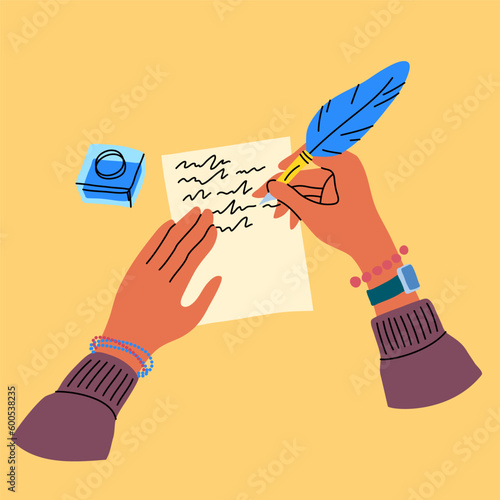 Vector hands writing a letter with a feather pen on paper with a bottle of ink on plain background illustration. Hands in sweater with bracelets and watch write a note by blue feather inkpen