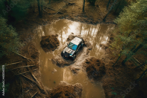 An aerial shot of an atv submerged in quicksand in a forest. Generative AI