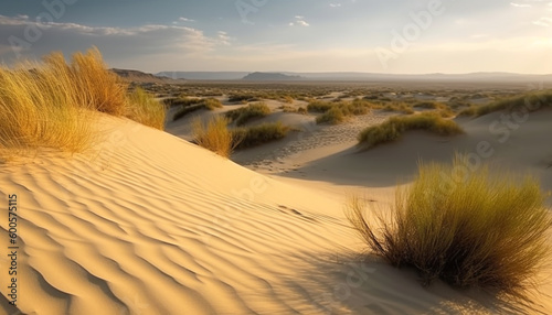 Tranquil scene of rippled sand dunes at dusk generated by AI