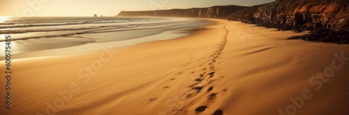 A tranquil beach with golden sand. Horizontal banner. AI generated