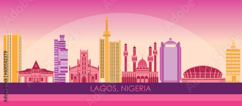 Sunset Skyline panorama of city of Lagos, Nigeria - vector illustration