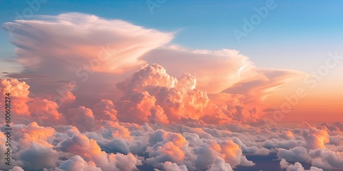 Beautiful pastel cloudscape. Fluffy clouds in the sky. Horizon from a plane. Weather and overcast dawn. 